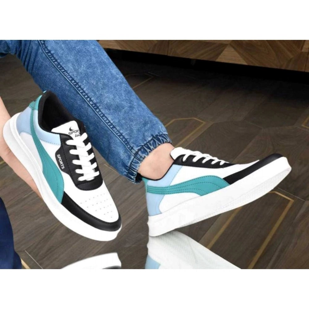 Blue synthetic casual lace-up men's sneakers with solid design on a neutral background