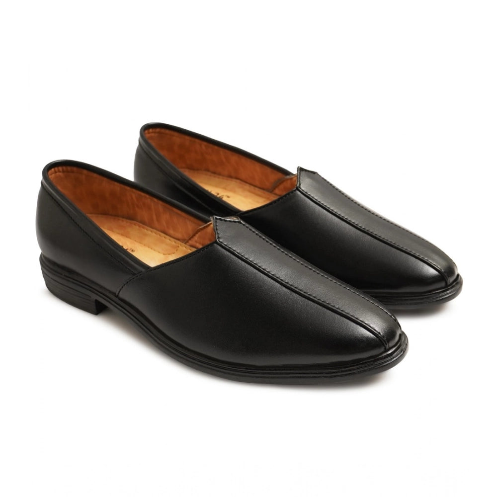 Black faux leather casual slip-ons, men's formal Nagra Juttis for smart everyday wear
