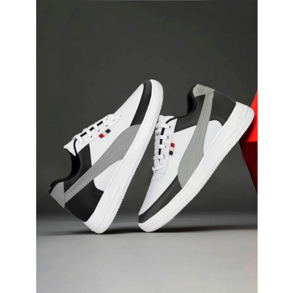 Black synthetic casual sneakers, solid lace-up design for men's sporty style