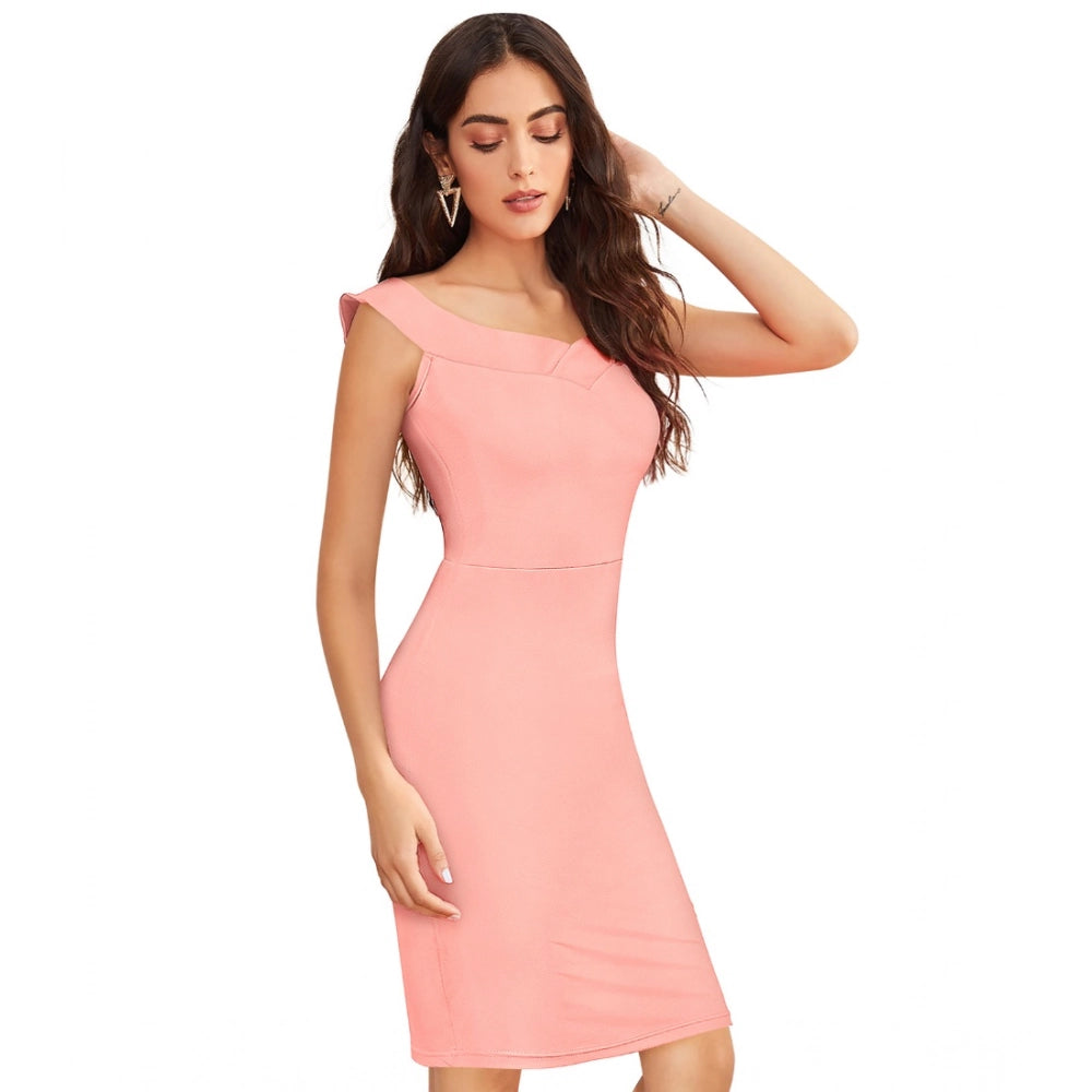 Peach knitting stretchable solid round neck sleeveless dress for women, knee length fashion