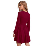 Maroon womens long sleeve knit dress with ruffled hem