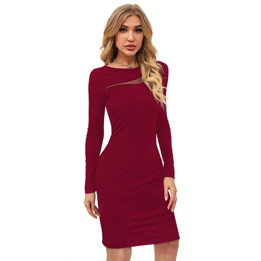 Maroon stretchy knit round neck full sleeve dress with lace detailing