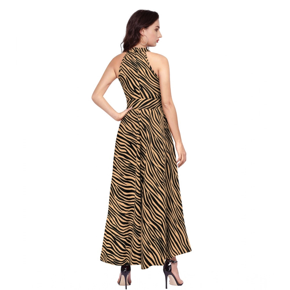 Yellow polyester zebra pattern sleeveless halter neck dress