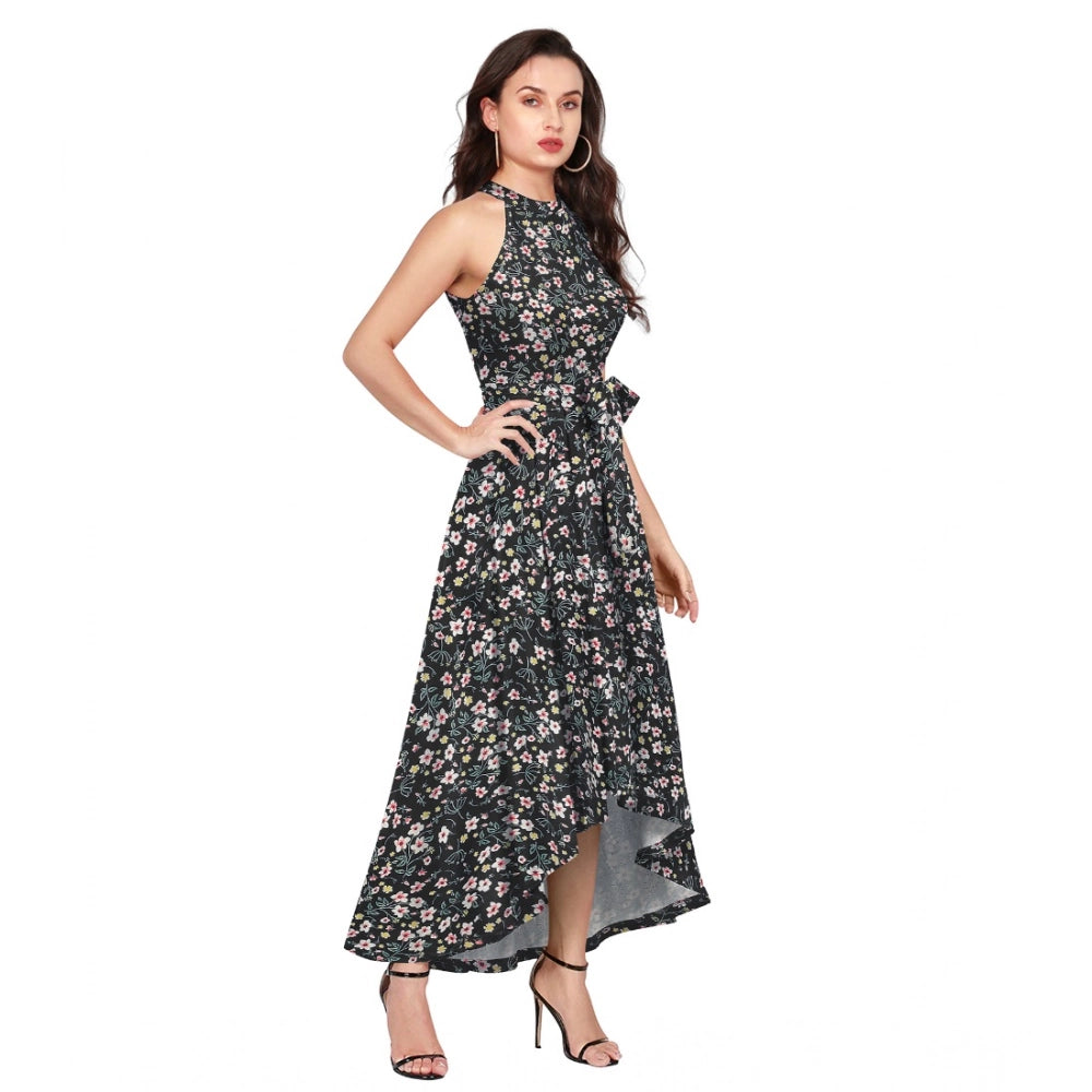 Helter neck, black polyster dress with floral print