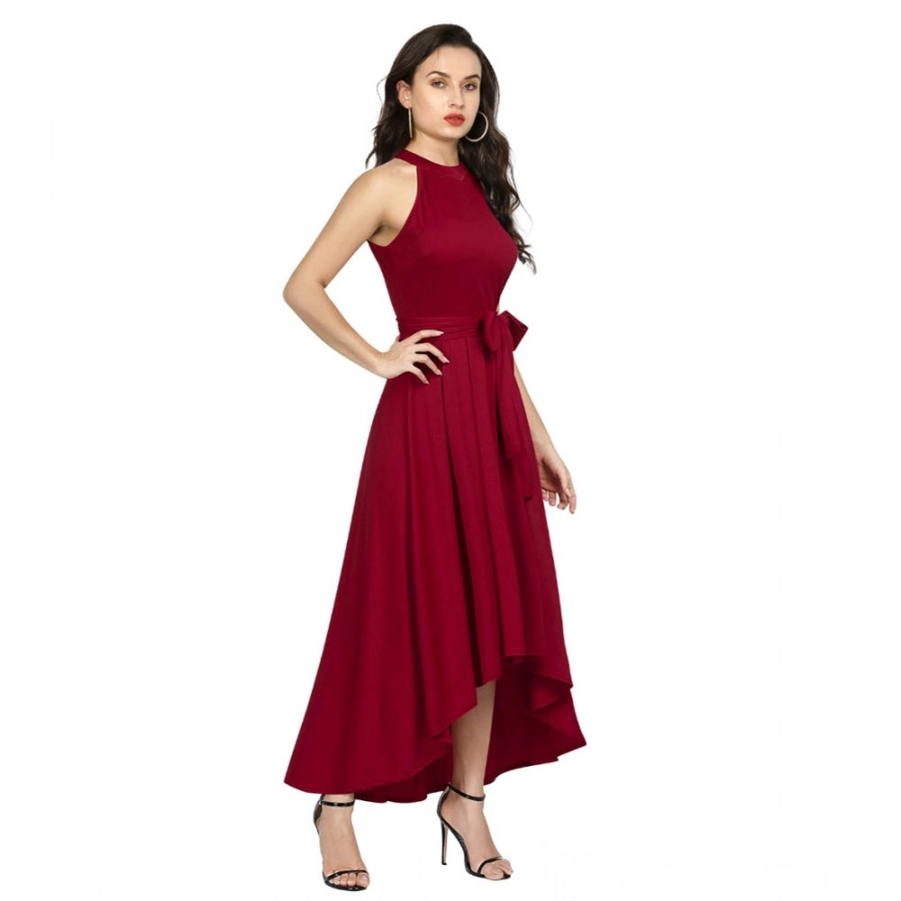 Maroon polyester sleeveless halter neck dress - solid design for women's fashion