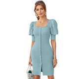 Light blue knitted dress with puff sleeves and square neckline