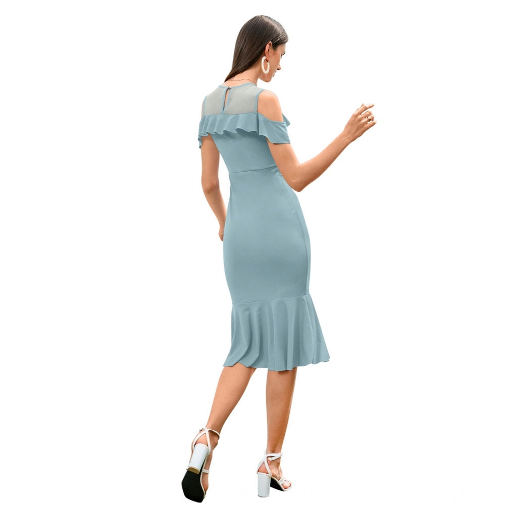 Stretchable pista solid round neck sleeveless dress for women, knee-length knitwear fashion