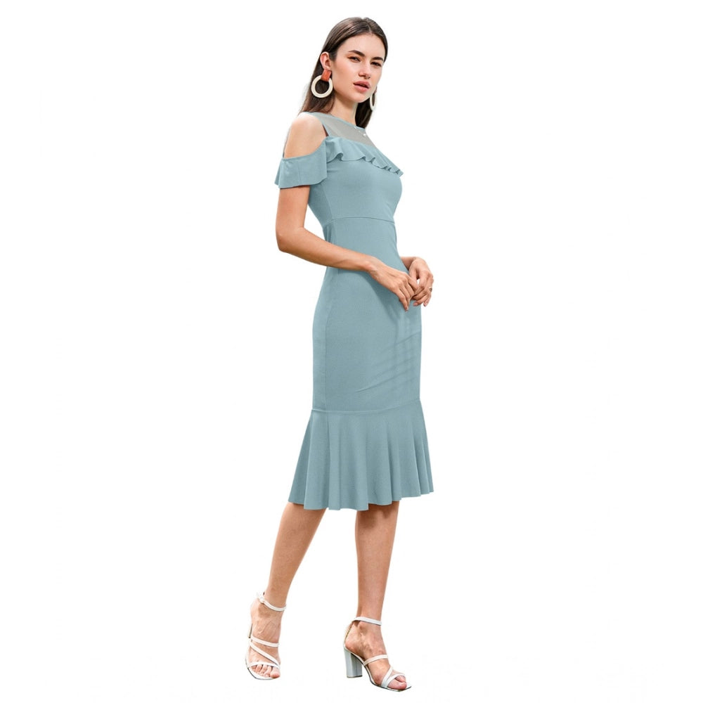 Pista knitting stretch dress, solid round neck, sleeveless, knee-length for women