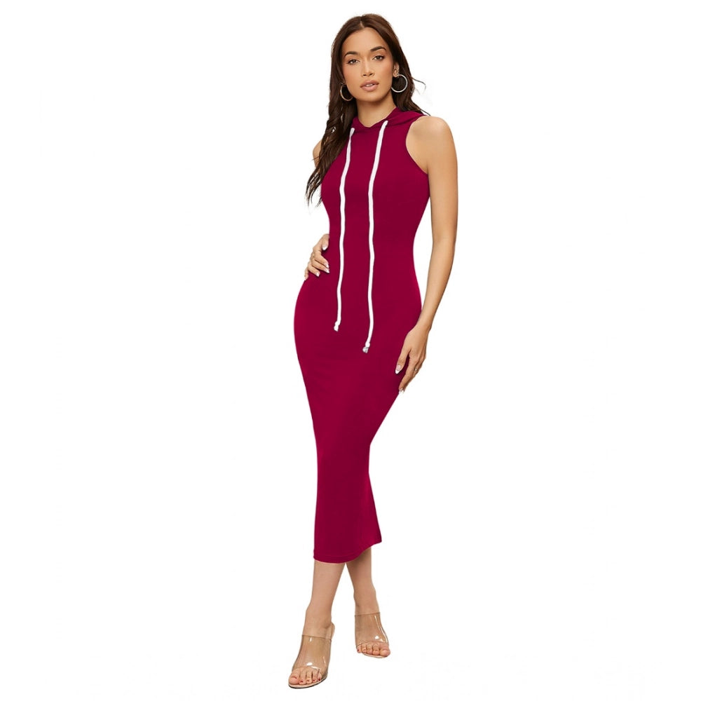 Maroon knitting stretchable solid round neck sleeveless knee length dress for women