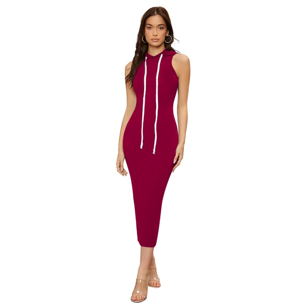 Maroon stretchy women's knitting sleeveless round neck dress