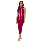 Maroon stretchy women's knitting sleeveless round neck dress