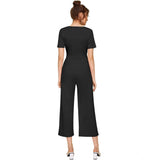 Black knit jumpsuit with round neck, cap sleeves