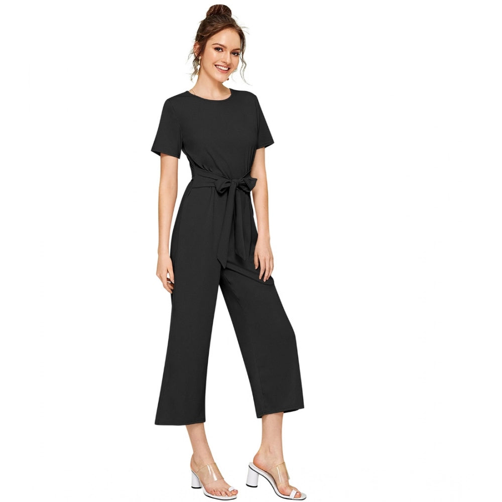 Black knitted jumpsuit with cap sleeves and round neck