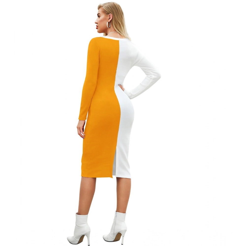 Woman's knitted, solid round neck dress in bright yellow