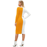 Woman's knitted, solid round neck dress in bright yellow