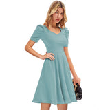 Light blue knit dress with cap sleeves and solid v neck, women's fashion