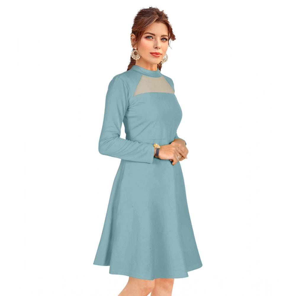 Stretchable knit pista dress, solid round neck, full sleeve, knee length