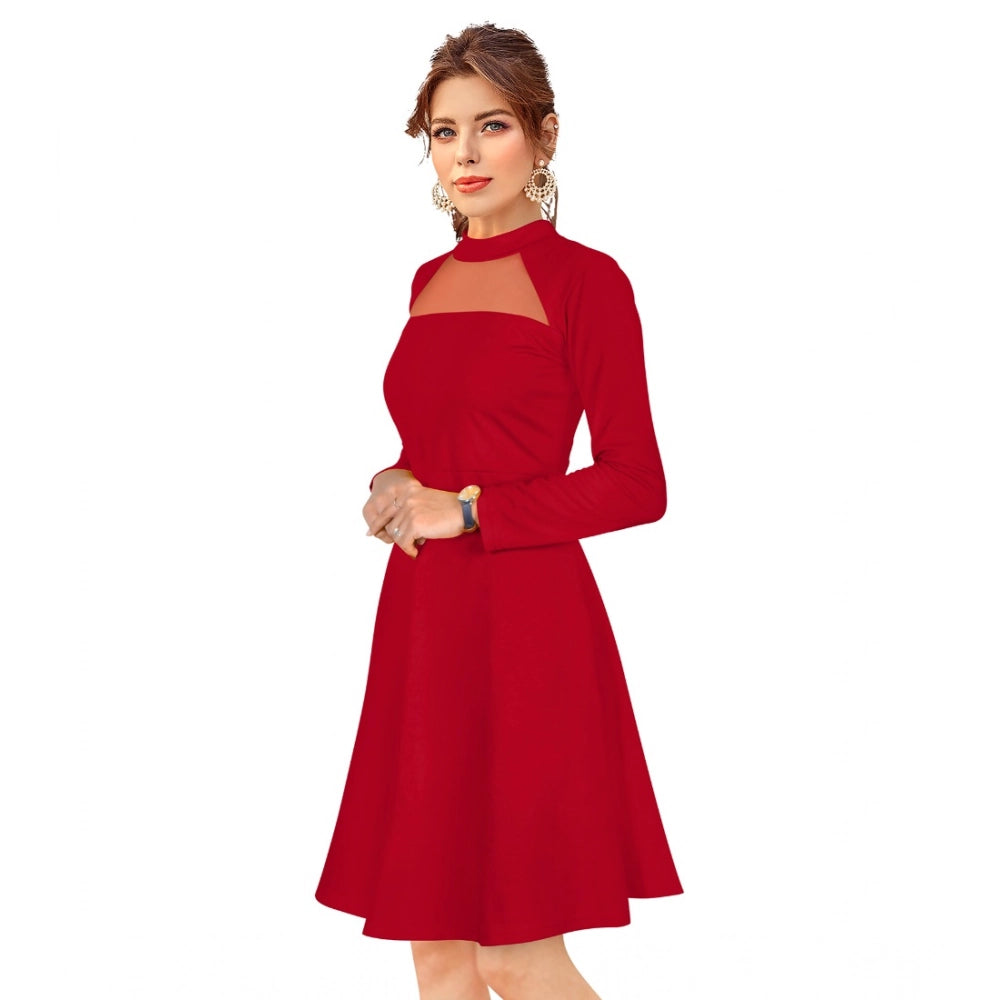 Red knit dress with ruffled neckline, long sleeves, and stretchy material
