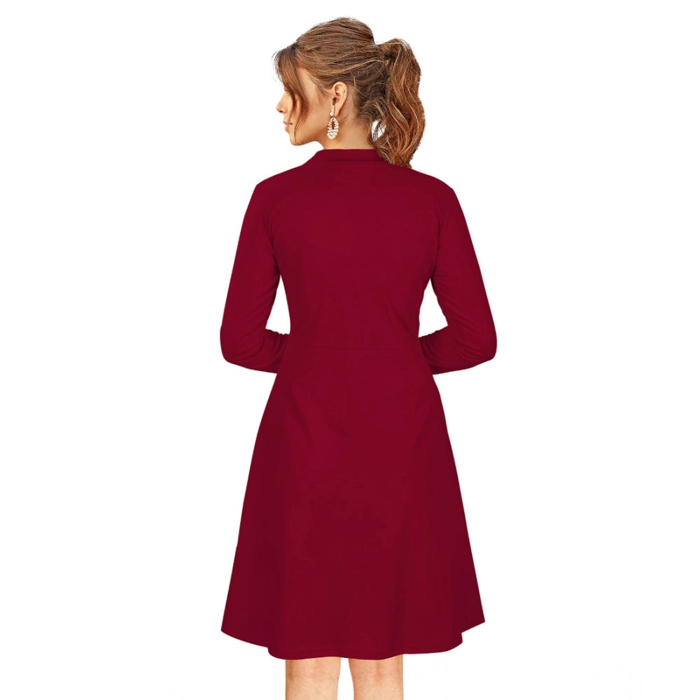 Maroon knitting stretch dress, solid round neck, full sleeve, knee length