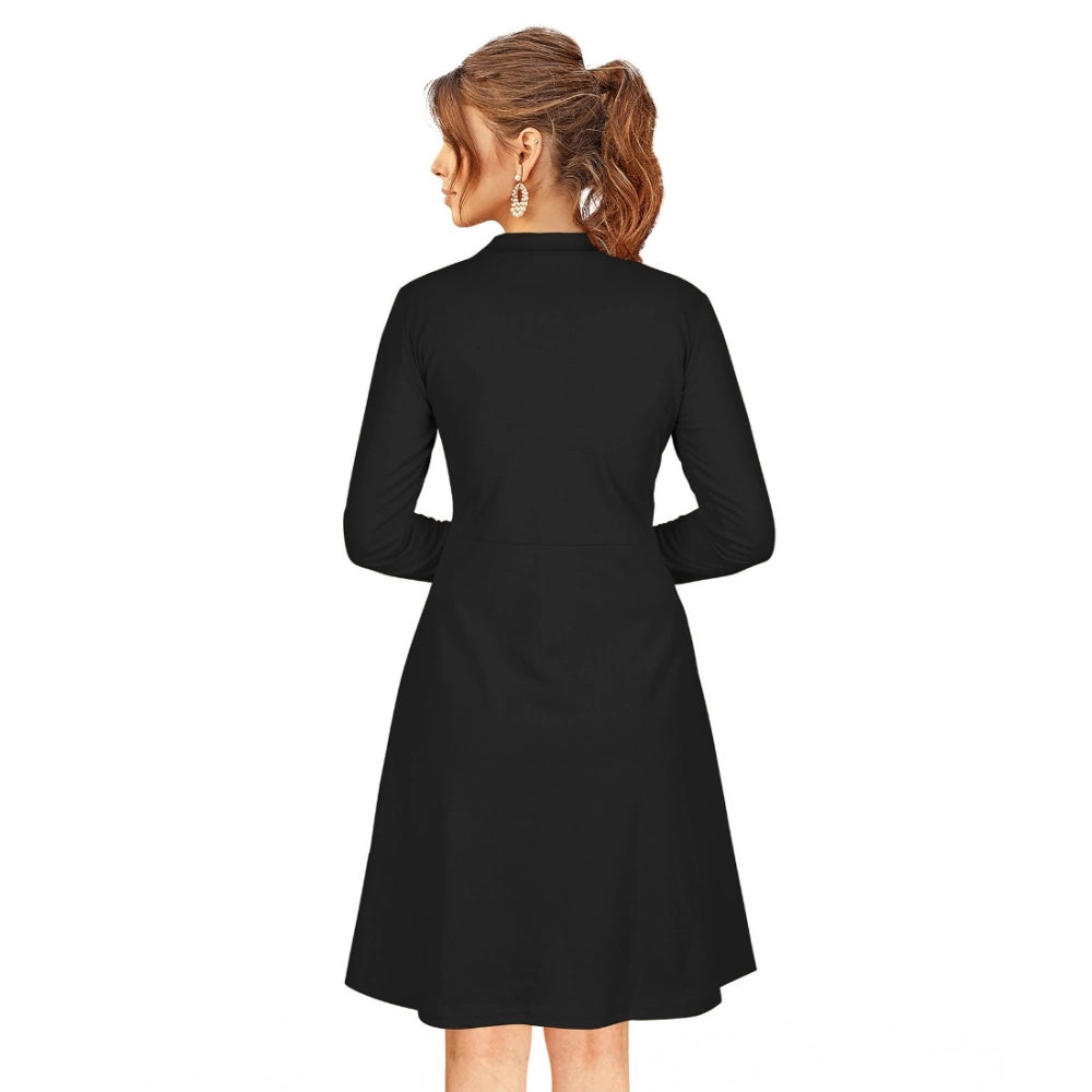 Black knitting stretch dress, solid round neck, full sleeve, knee length