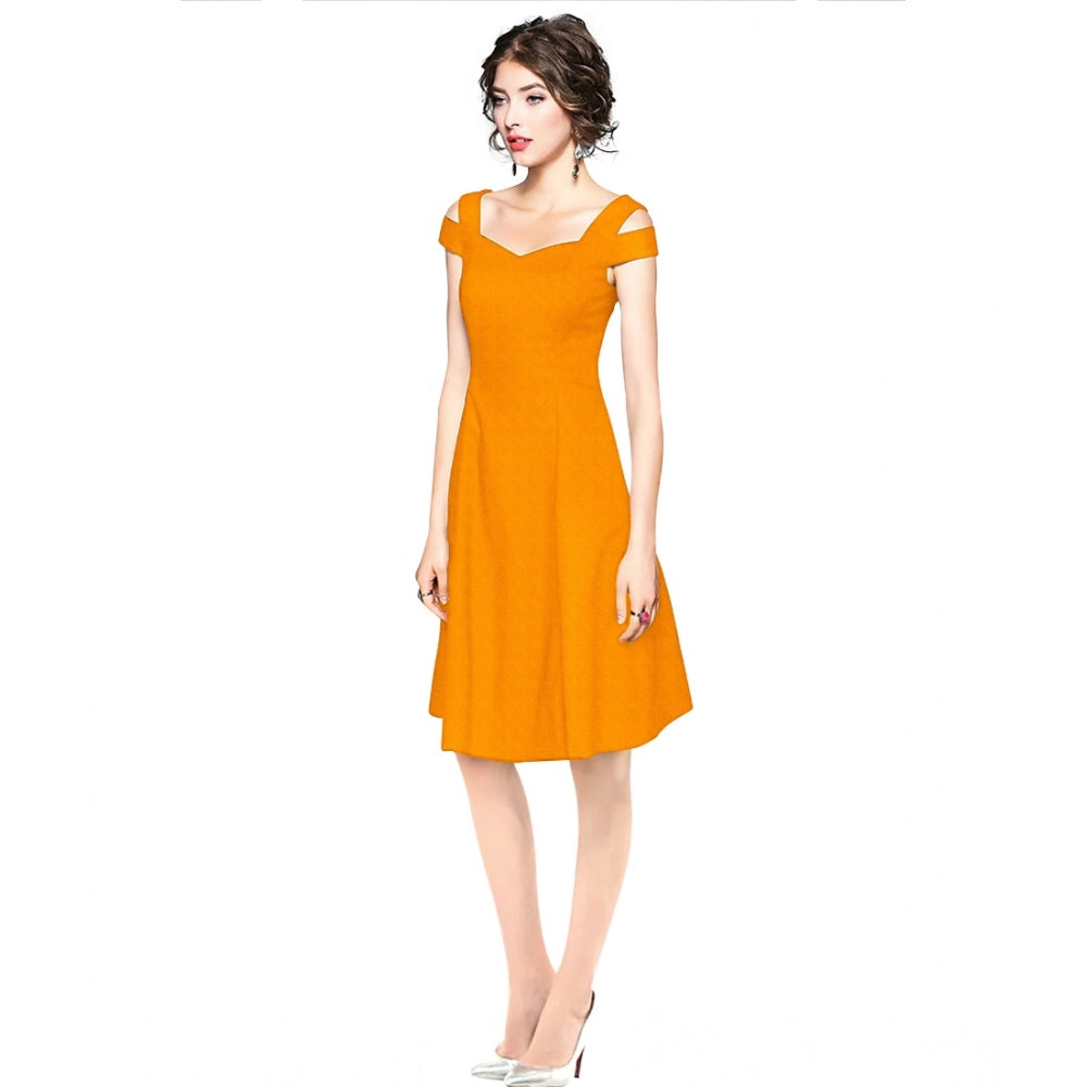 Yellow polyester solid v-neck cap sleeve off-shoulder dress for women
