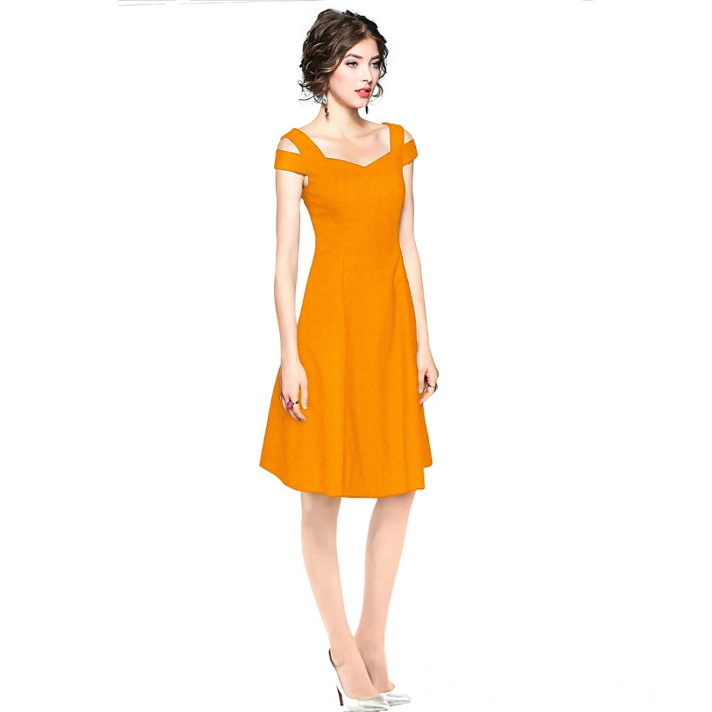 Yellow polyester solid V-neck cap sleeve off-shoulder dress