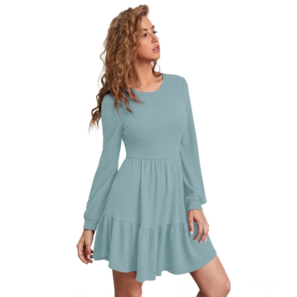 Teal solid round neck long sleeve strapless dress