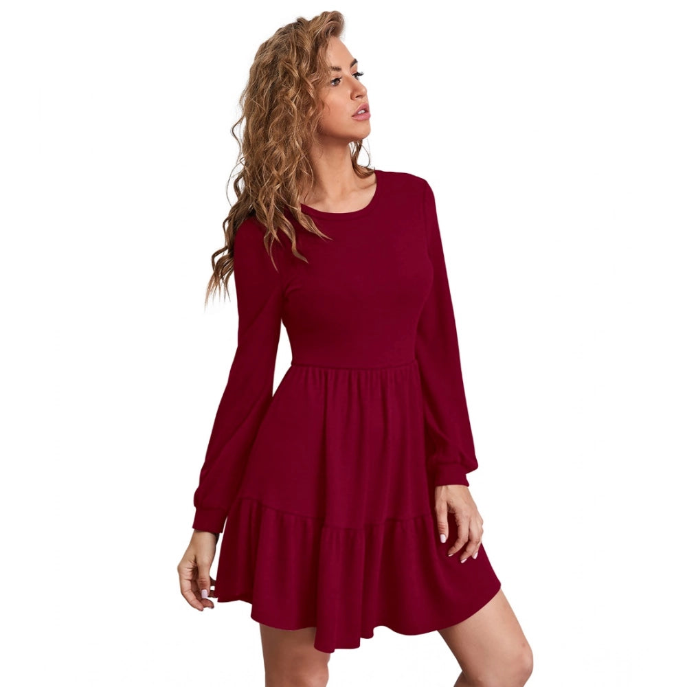 Maroon knitting stretchable solid round neck full sleeve dress for women, ideal for casual wear