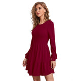 Maroon solid round neck dress with full sleeves
