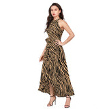 Yellow sleeveless polyster zebra print dress with a helter neckline