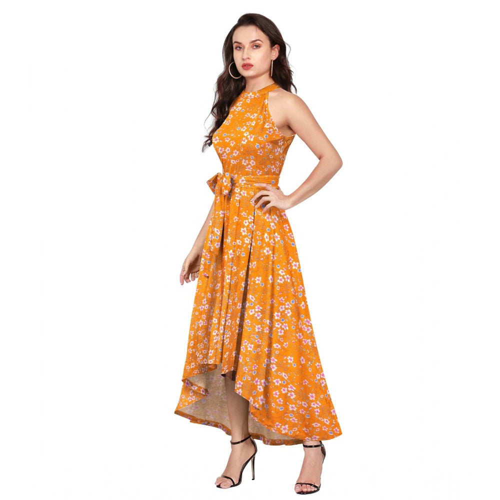 Yellow polyester printed halter neck sleeveless dress for women