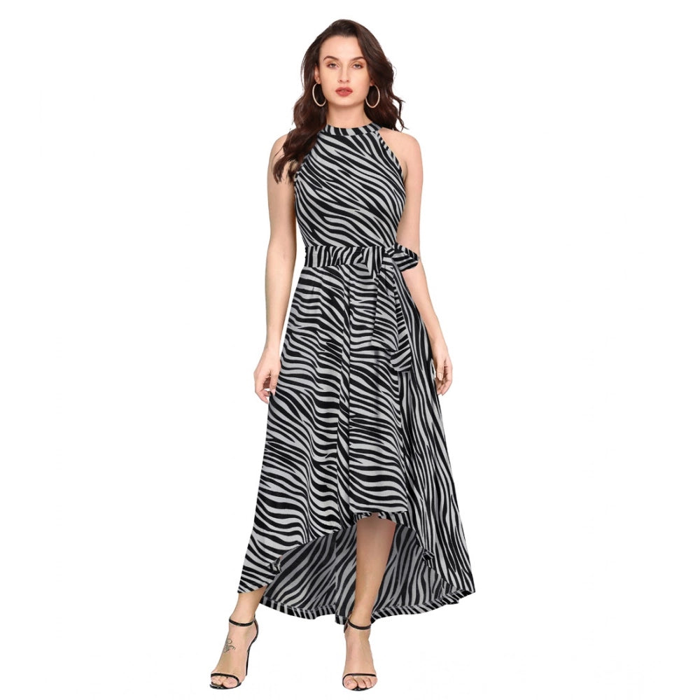 Navy blue polyester zebra pattern sleeveless halter neck dress on mannequin