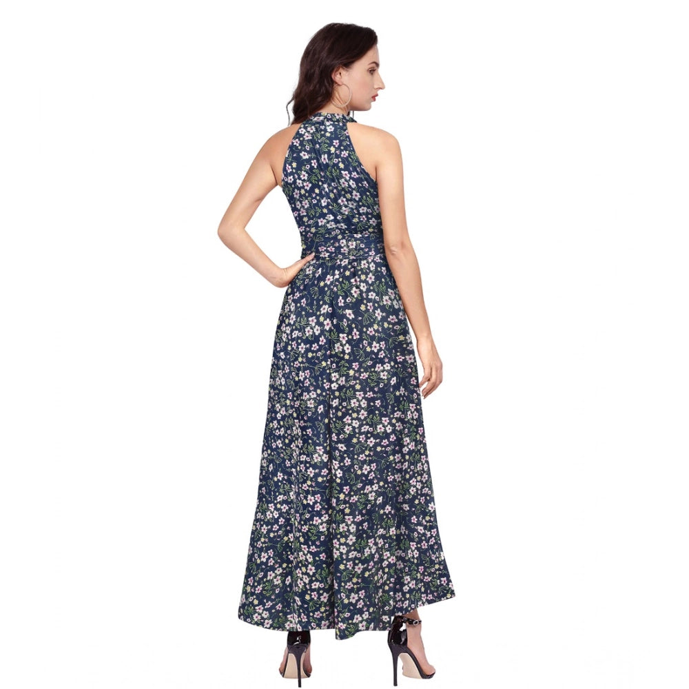 Blue polyester printed halter neck sleeveless dress, updown length for women's summer fashion