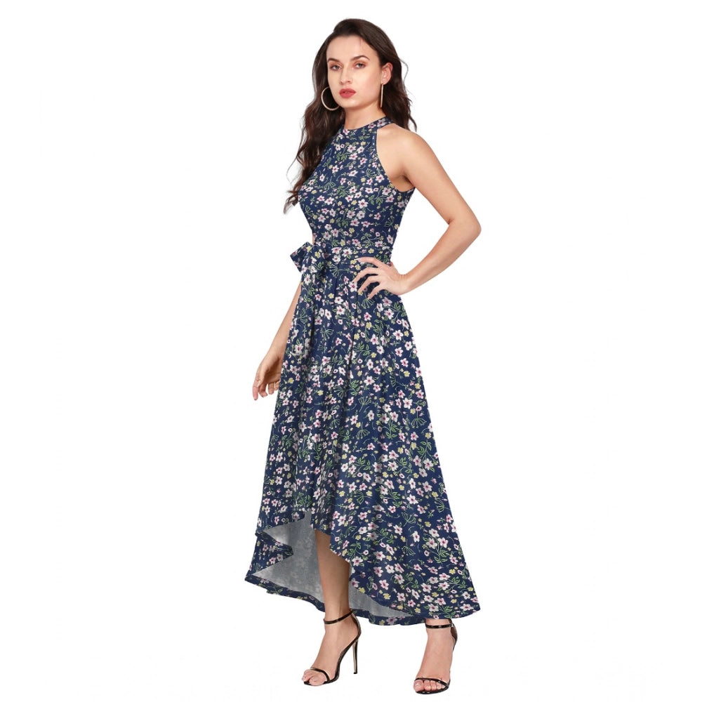 Blue polyester printed halter neck sleeveless dress for women's summer fashion