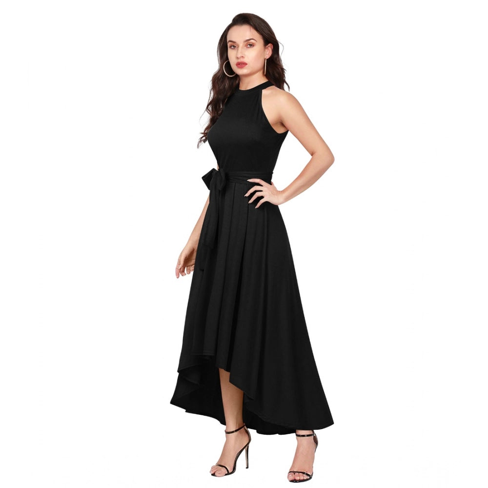 Black polyester sleeveless halter neck dress, solid design on model