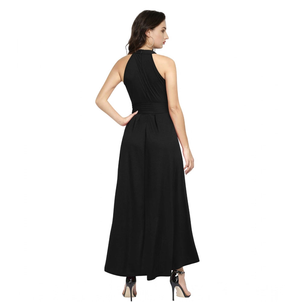 Black polyester solid halter neck sleeveless dress, perfect for casual summer outings