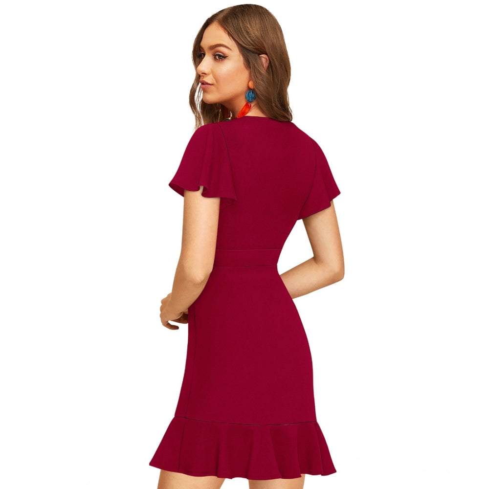 Maroon knit V-neck dress with flared sleeves, knee length, solid color