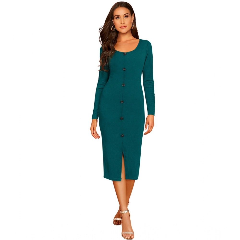 Blue knit dress with round neck and full sleeves