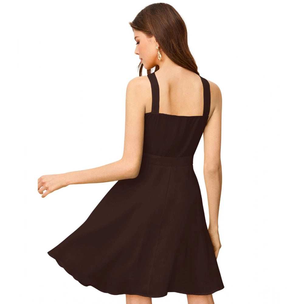 Coffee colored knit fabric sleeveless dress with halter neck and stretchability