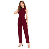 Women's maroon sleeveless jumpsuit with a round neck and stretchy material