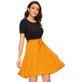 Women's Knitting stretchable Solid Round Neck Cap Sleeve Dress (Yellow)