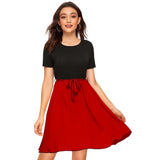 Women's Knitting stretchable Solid Round Neck Cap Sleeve Dress (Red)