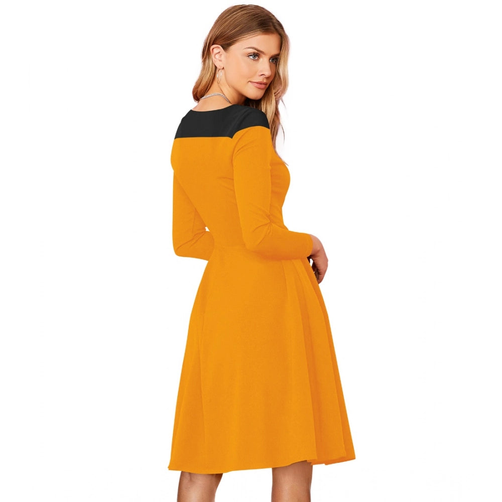 Yellow knitting stretch dress, solid round neck, full sleeve, knee length