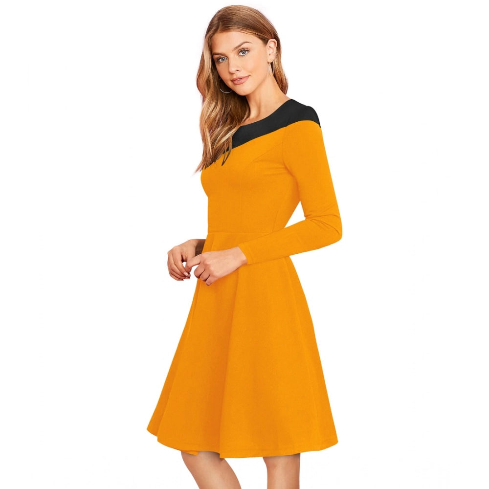 Yellow knitting stretchable solid round neck full sleeve dress for women