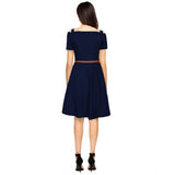 Women's blue polyester cap sleeve V neck dress