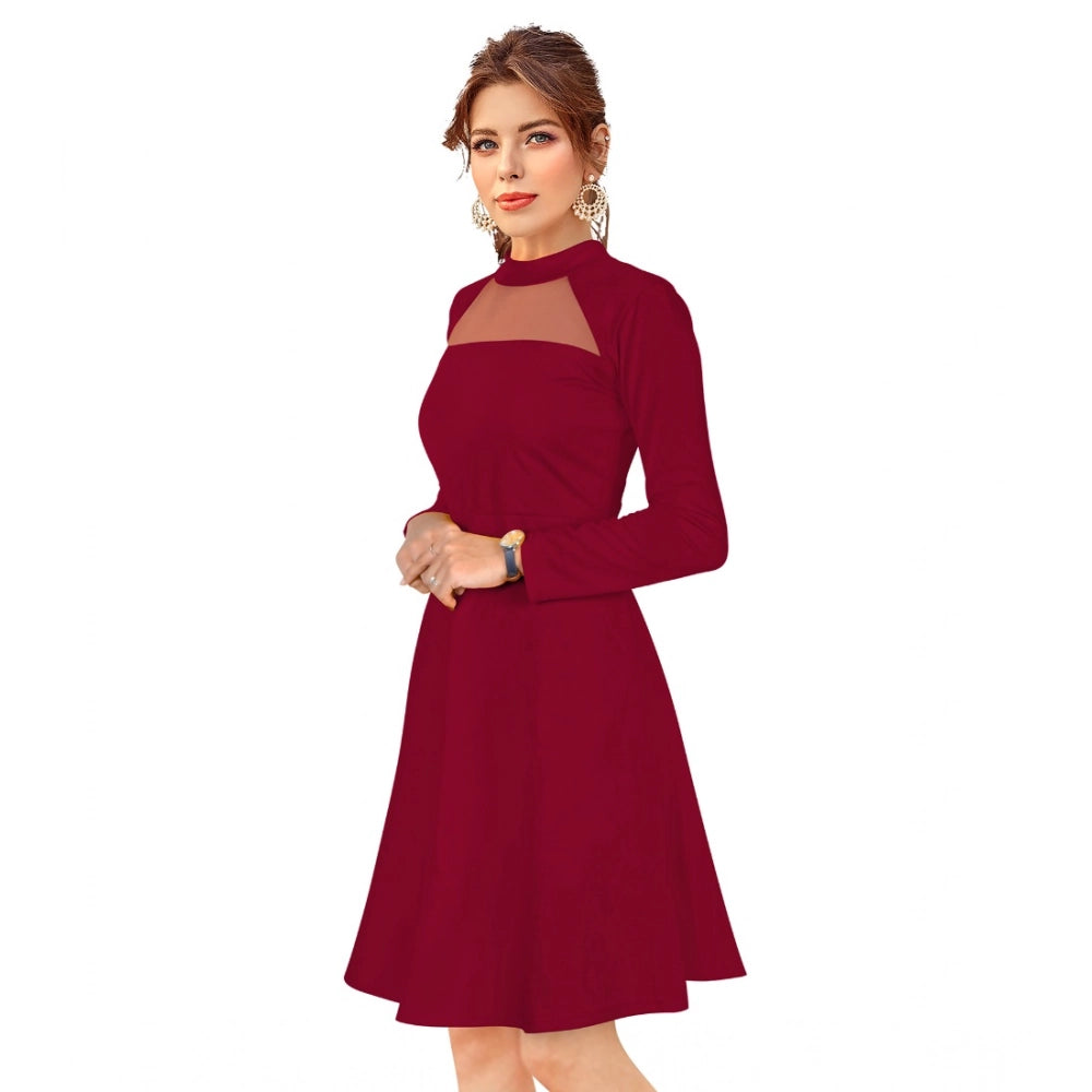 Maroon solid round neck full sleeve dress