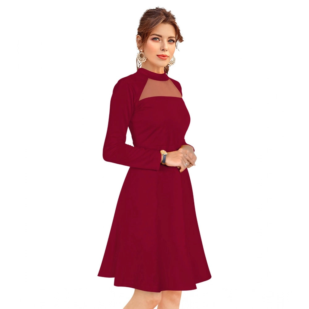 Maroon knitting stretchable dress, solid round neck, full sleeve