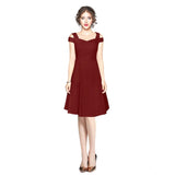 Red polyster solid V-neck cap sleeve dress for women