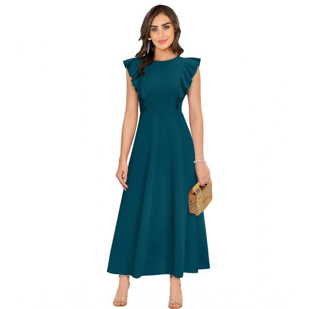 Teal satin dress with ruffle sleeves and solid round neckline