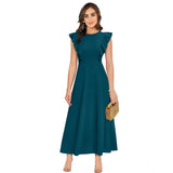 Teal satin dress with ruffle sleeves and solid round neckline